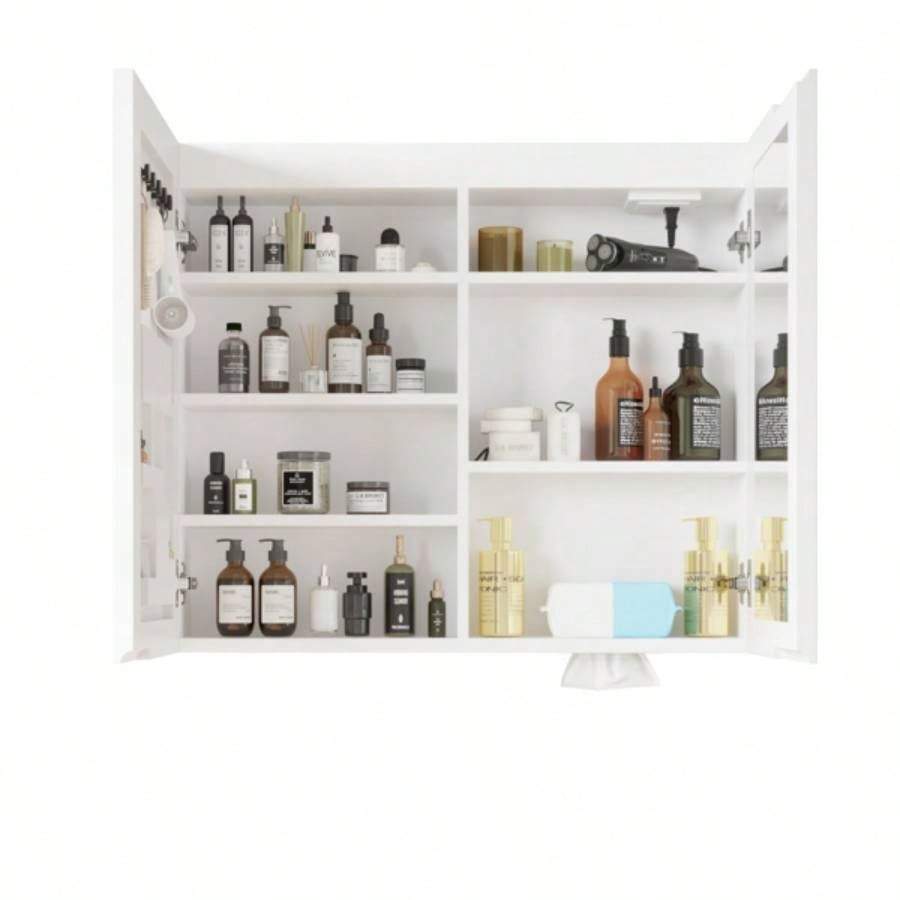 White Particleboard LED Mirror Cabinet 32*28 inches Acrylic Frame, Double Doors, Shelves, with Time Temperature, Three - tone Lighting, Adjustable Brightness, Power - off, Defogging, 2 I
