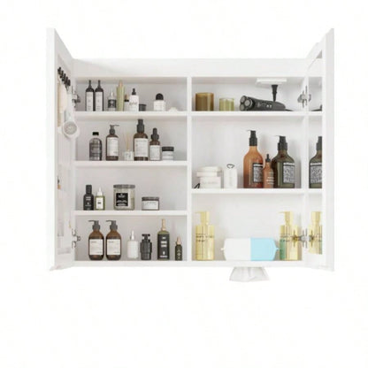 White Particleboard LED Mirror Cabinet 32*28 inches Acrylic Frame, Double Doors, Shelves, with Time Temperature, Three - tone Lighting, Adjustable Brightness, Power - off, Defogging, 2 I