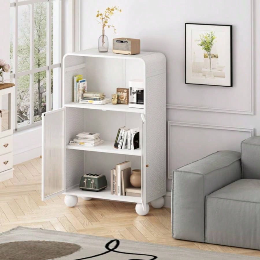 45.28 H Storage Cabinet, Bathroom Floor Cabinet with Glass Door and Shelves, Freestanding Display Storage Cabinet Bathroom, Living Room, Kitchen, Home Office, White