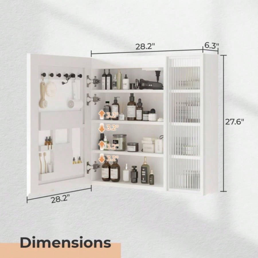 White Particleboard LED Mirror Cabinet 20+8.5*28 inches, LED Mirror Cabinet with 1 Glass Mirror Door, 1 Changhong Glass Door, 8 - Layer Shelves, Time Temperature Display, Three - Tone Lighting, Ad