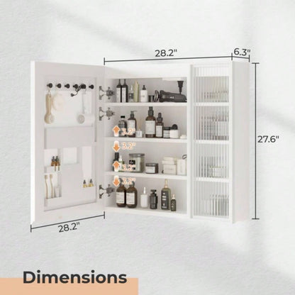 White Particleboard LED Mirror Cabinet 20+8.5*28 inches, LED Mirror Cabinet with 1 Glass Mirror Door, 1 Changhong Glass Door, 8 - Layer Shelves, Time Temperature Display, Three - Tone Lighting, Ad