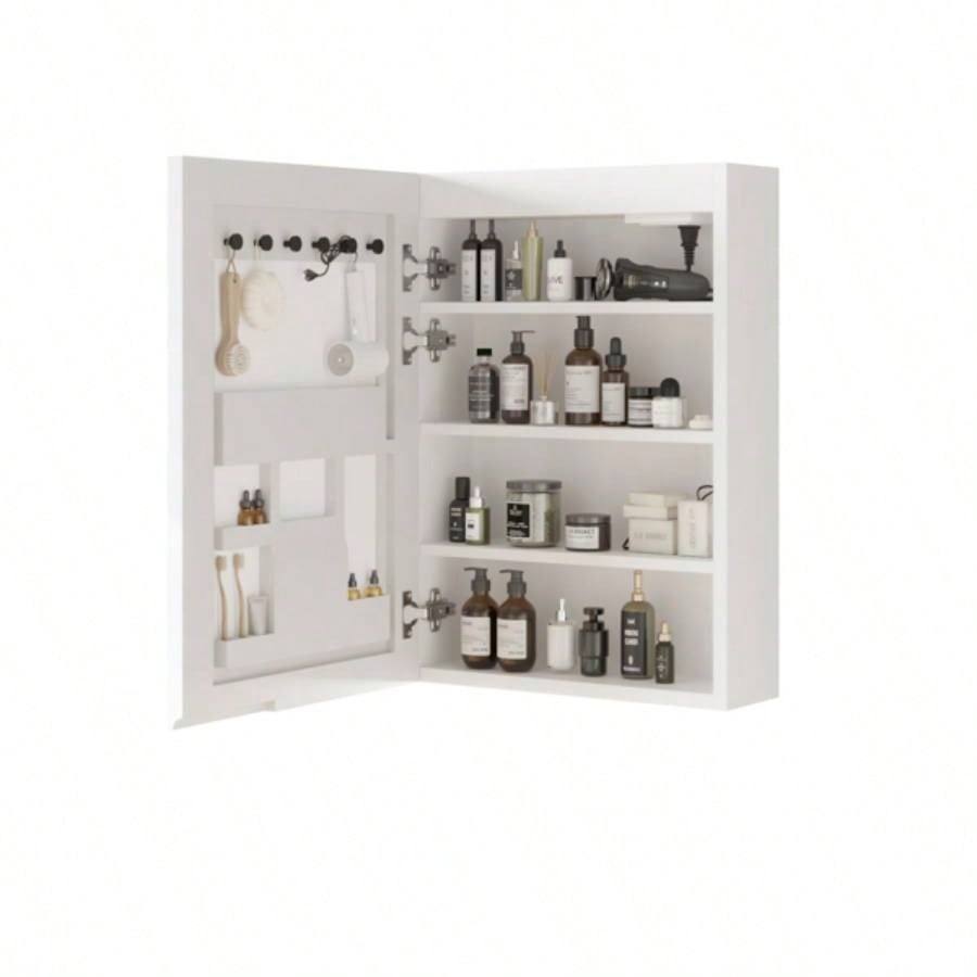 White Particleboard LED Mirror Cabinet 20*28 inches Acrylic Frame, 1 Door, 4 Shelves, with Time Temperature Display, Three - color Lighting, Adjustable Brightness, Power - off, 2 Plugs 2