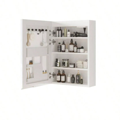 White Particleboard LED Mirror Cabinet 20*28 inches Acrylic Frame, 1 Door, 4 Shelves, with Time Temperature Display, Three - color Lighting, Adjustable Brightness, Power - off, 2 Plugs 2