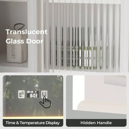 White Particleboard LED Mirror Cabinet 20+8.5*28 inches, LED Mirror Cabinet with 1 Glass Mirror Door, 1 Changhong Glass Door, 8 - Layer Shelves, Time Temperature Display, Three - Tone Lighting, Ad