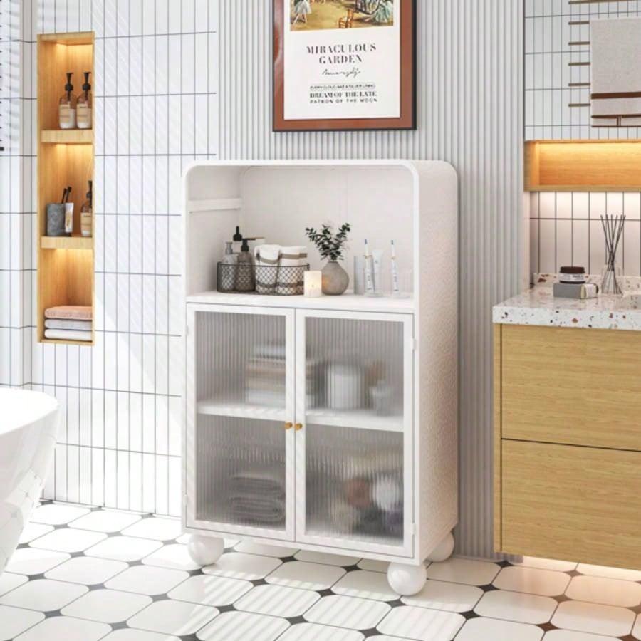 45.28 H Storage Cabinet, Bathroom Floor Cabinet with Glass Door and Shelves, Freestanding Display Storage Cabinet Bathroom, Living Room, Kitchen, Home Office, White