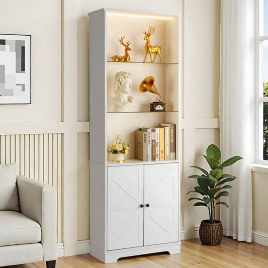 3 - layer glass shelf with 2 doors double Z shape LED light strip front curved base feet triammine board 60*23.5*180cm display cabinet white