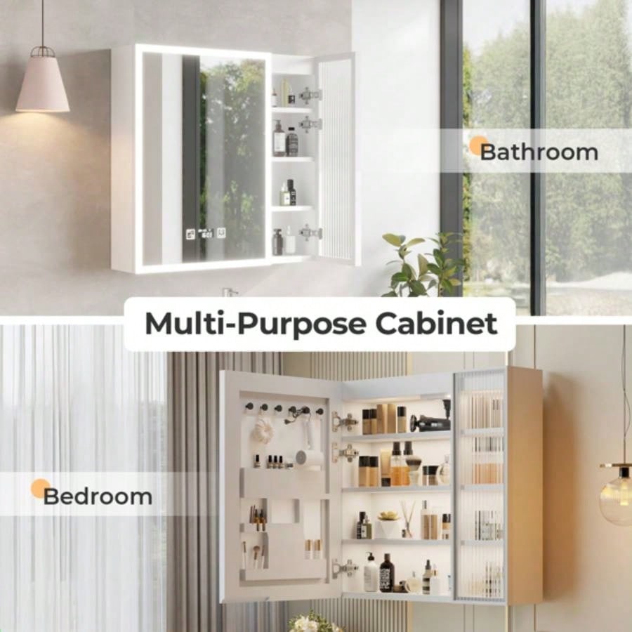 White Particleboard LED Mirror Cabinet 20+8.5*28 inches, LED Mirror Cabinet with 1 Glass Mirror Door, 1 Changhong Glass Door, 8 - Layer Shelves, Time Temperature Display, Three - Tone Lighting, Ad