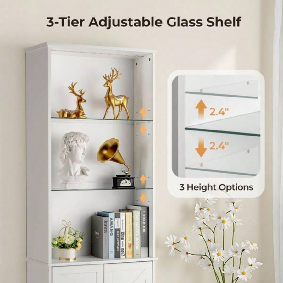 3 - layer glass shelf with 2 doors double Z shape LED light strip front curved base feet triammine board 60*23.5*180cm display cabinet white