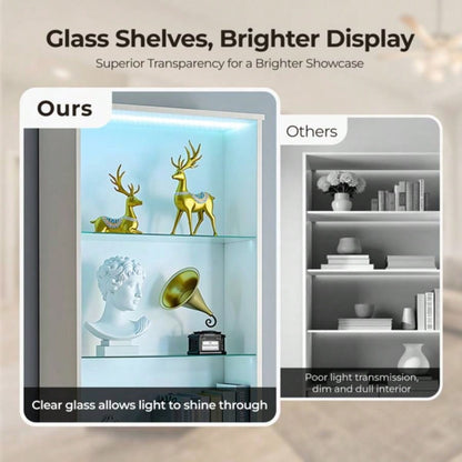 3 - layer glass shelf with 2 doors double Z shape LED light strip front curved base feet triammine board 60*23.5*180cm display cabinet white