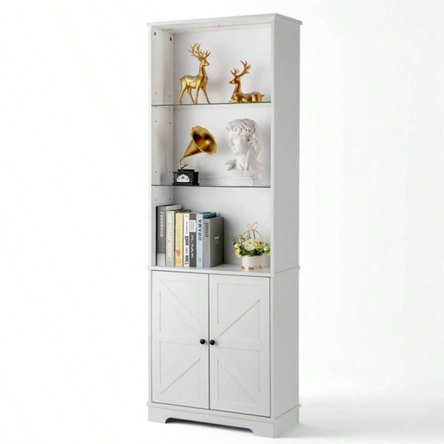 3 - layer glass shelf with 2 doors double Z shape LED light strip front curved base feet triammine board 60*23.5*180cm display cabinet white