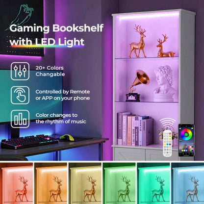 3 - layer glass shelf with 2 doors double Z shape LED light strip front curved base feet triammine board 60*23.5*180cm display cabinet white