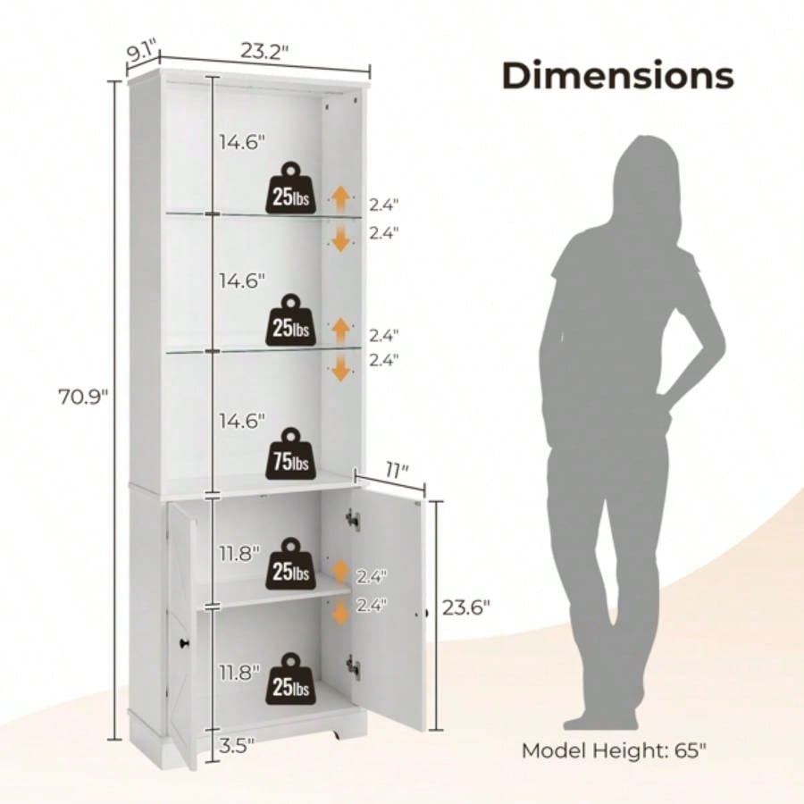 3 - layer glass shelf with 2 doors double Z shape LED light strip front curved base feet triammine board 60*23.5*180cm display cabinet white