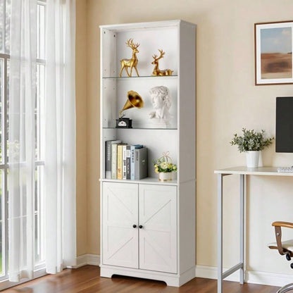 3 - layer glass shelf with 2 doors double Z shape LED light strip front curved base feet triammine board 60*23.5*180cm display cabinet white
