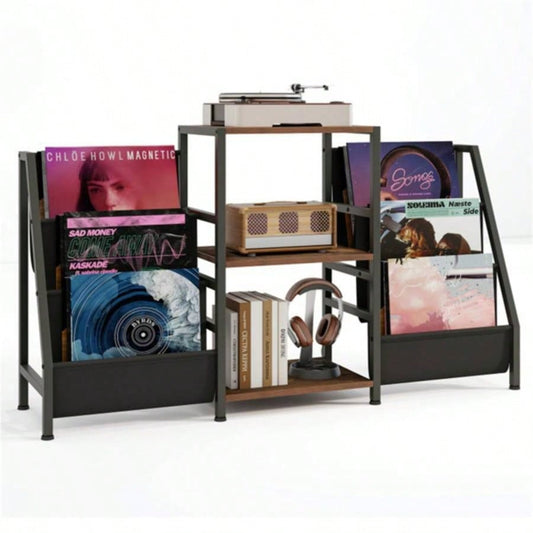 Brown Record Player Stand with 3 Shelves