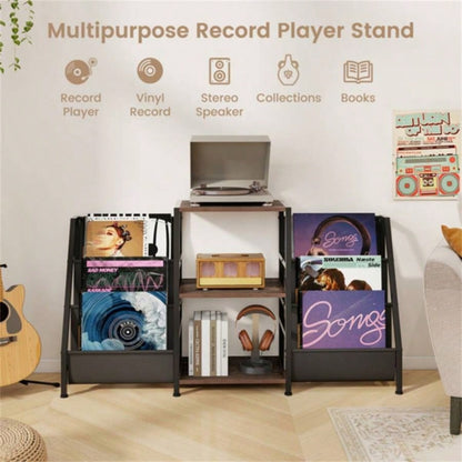 Brown Record Player Stand with 3 Shelves