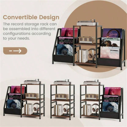 Brown Record Player Stand with 3 Shelves