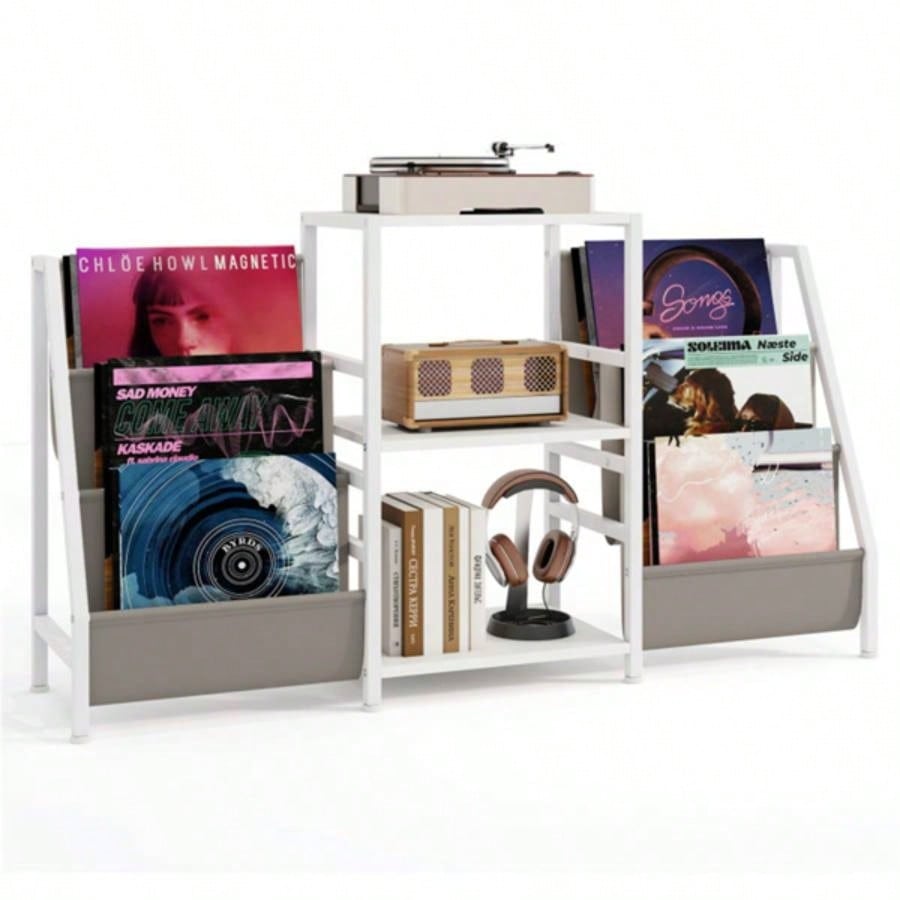 White Record Player Stand with 3 Shelves