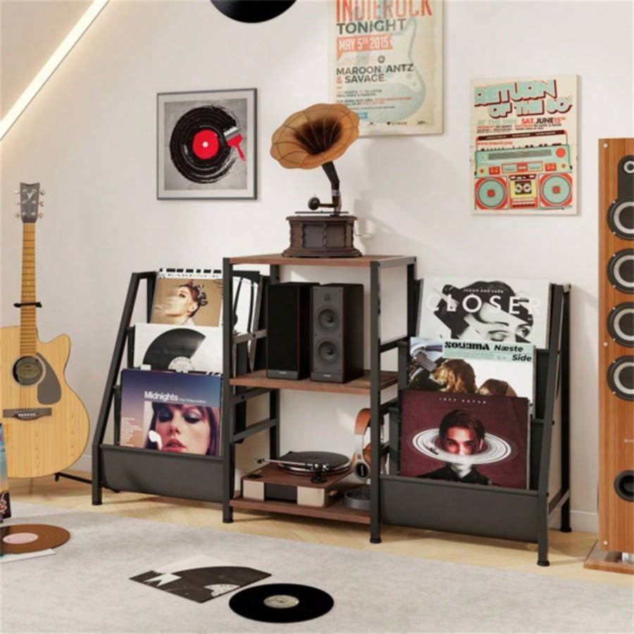 Brown Record Player Stand with 3 Shelves