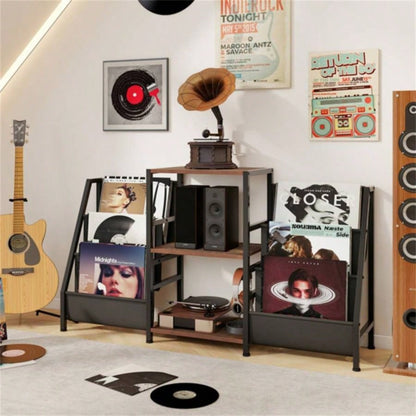 Brown Record Player Stand with 3 Shelves
