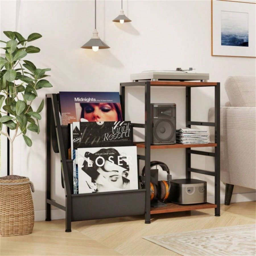 Brown Record Player Stand with 3 Shelves