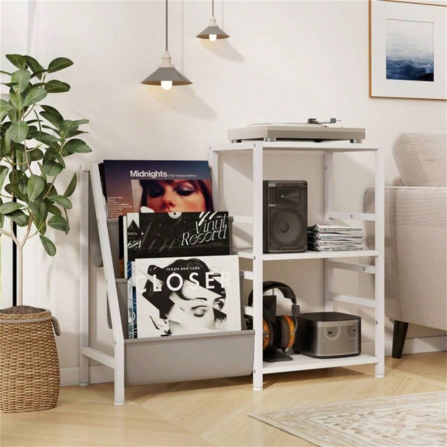 White Record Player Stand with 3 Shelves