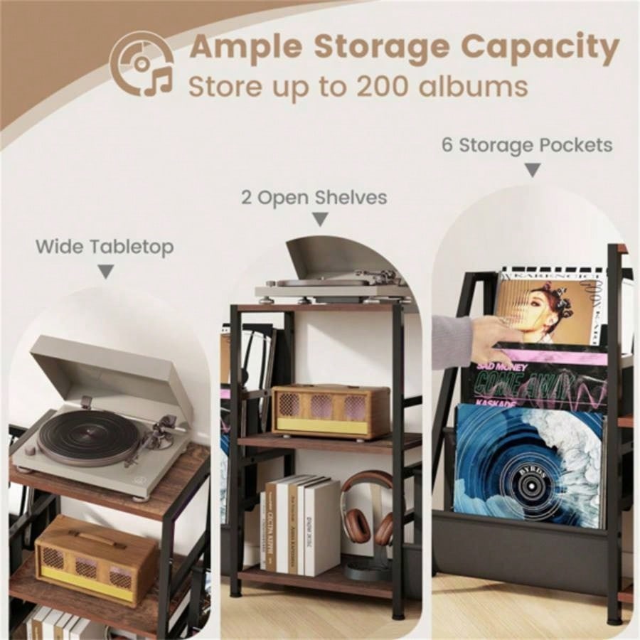 Brown Record Player Stand with 3 Shelves