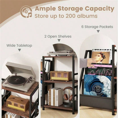 Brown Record Player Stand with 3 Shelves