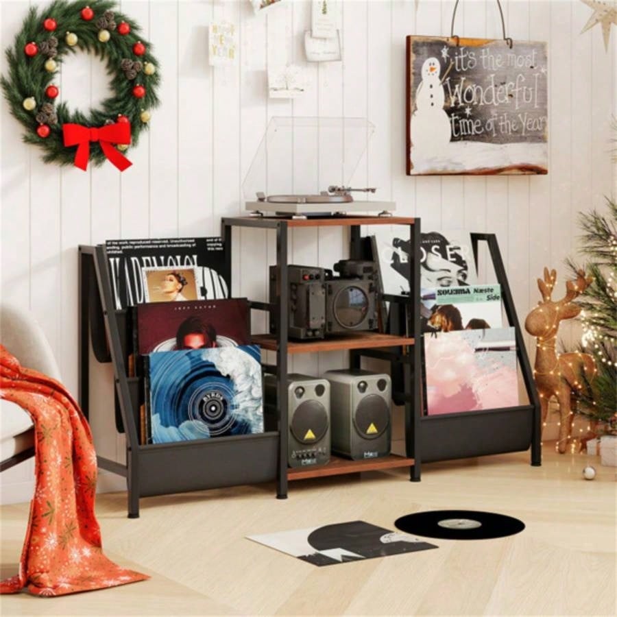 Brown Record Player Stand with 3 Shelves