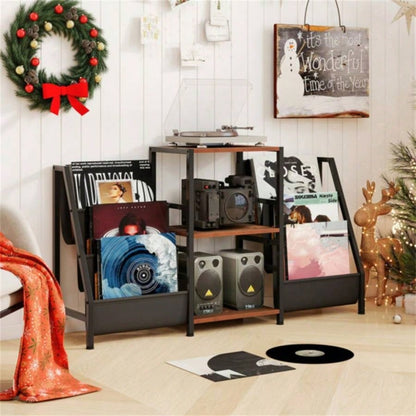 Brown Record Player Stand with 3 Shelves