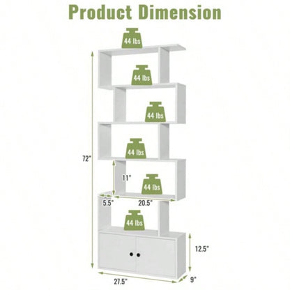 6 - Tier Geometric Bookcase with Cabinet and Door - White