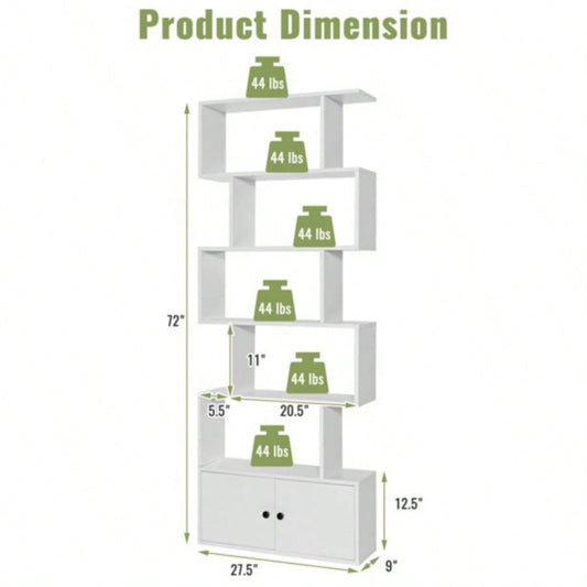 6 - Tier Geometric Bookcase with Cabinet and Door - White
