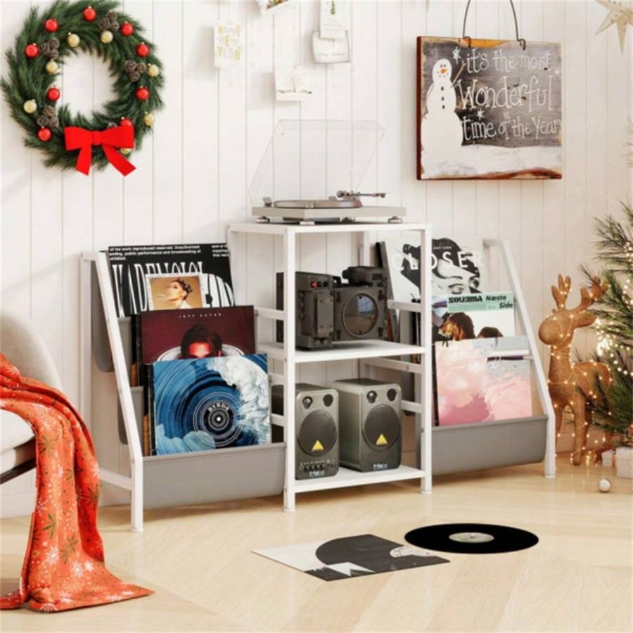 White Record Player Stand with 3 Shelves