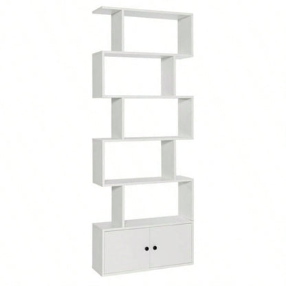 6 - Tier Geometric Bookcase with Cabinet and Door - White