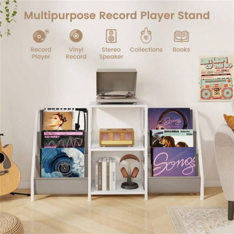 White Record Player Stand with 3 Shelves