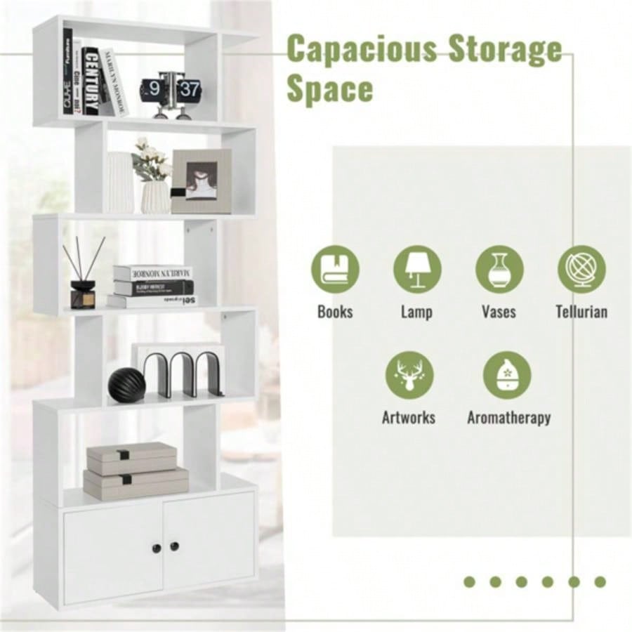 6 - Tier Geometric Bookcase with Cabinet and Door - White