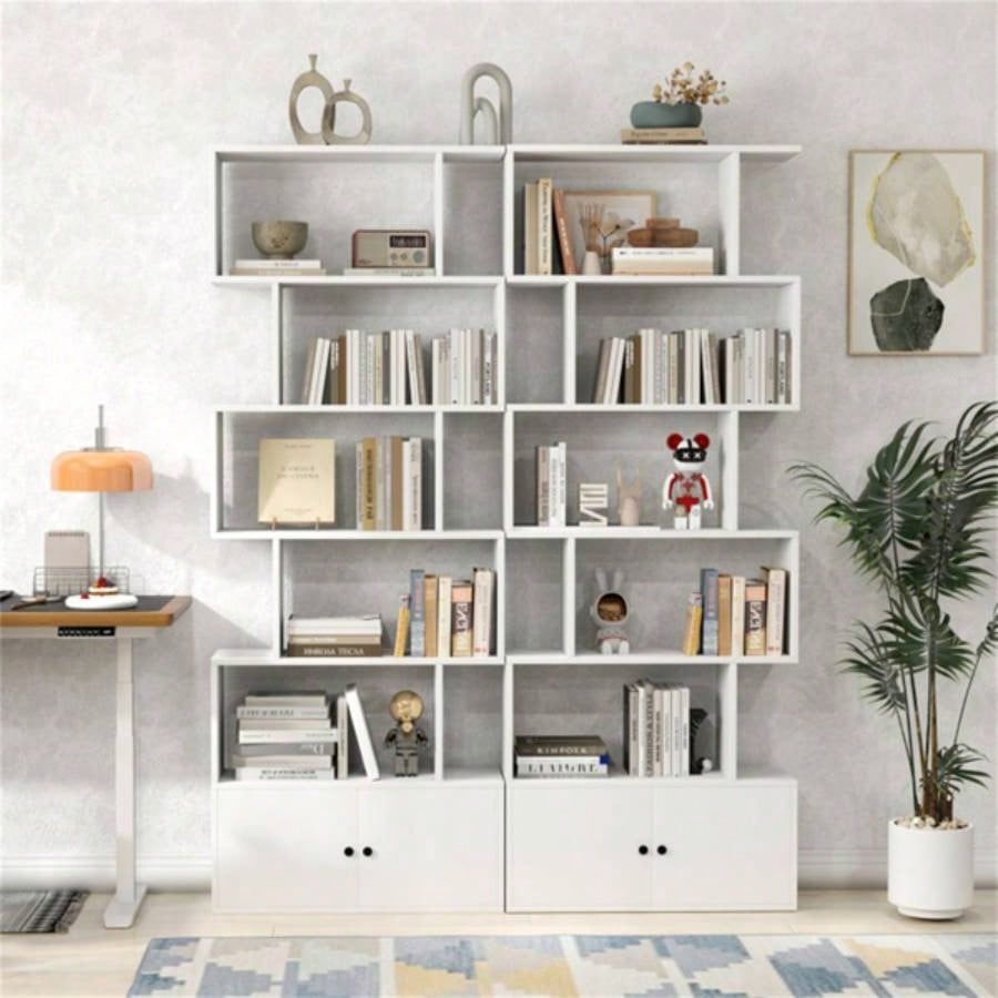 6 - Tier Geometric Bookcase with Cabinet and Door - White