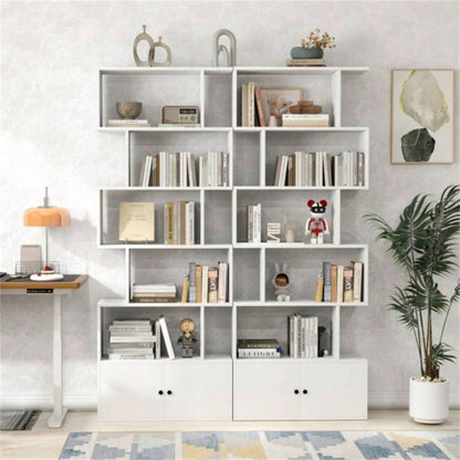 6 - Tier Geometric Bookcase with Cabinet and Door - White