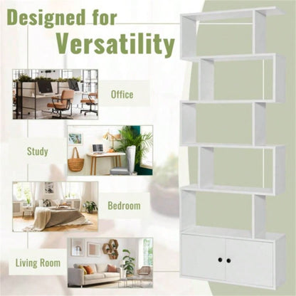6 - Tier Geometric Bookcase with Cabinet and Door - White