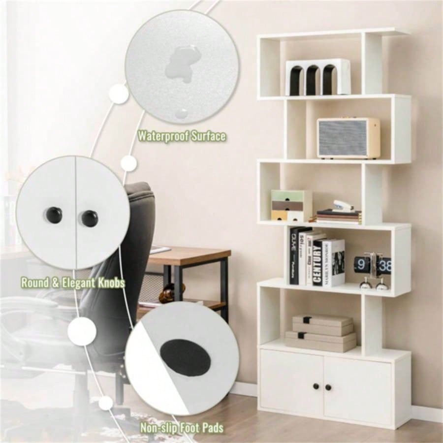 6 - Tier Geometric Bookcase with Cabinet and Door - White