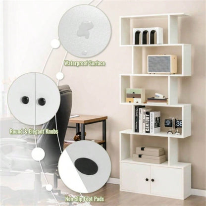 6 - Tier Geometric Bookcase with Cabinet and Door - White