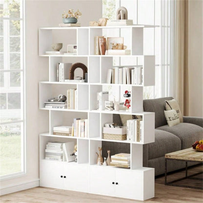 6 - Tier Geometric Bookcase with Cabinet and Door - White