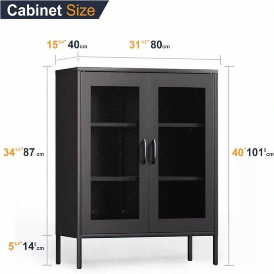 Metal Storage Cabinet with Mesh Doors and Shelves, Multipurpose Storage Rack, 3 - Tier Office Cabinet, Metal Locker Style Accent Cabinet Home Office, Living Room, Kitchen Black - mesh, 4039; 39; H