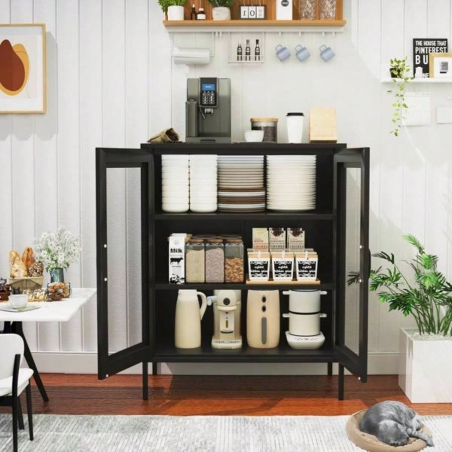 Metal Storage Cabinet with Mesh Doors and Shelves, Multipurpose Storage Rack, 3 - Tier Office Cabinet, Metal Locker Style Accent Cabinet Home Office, Living Room, Kitchen Black - mesh, 4039; 39; H