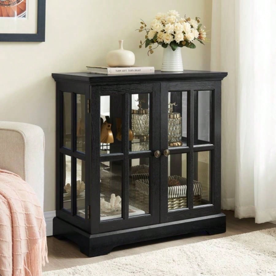 LED Curio Display Cabinet, Antique Display Cabinet with Adjustable Shelves, Retro Design Quality Showcase with Lattice Doors Elegant Bookcase and Storage Cabinet Home Decor and Organization BLK