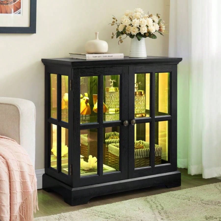 LED Curio Display Cabinet, Antique Display Cabinet with Adjustable Shelves, Retro Design Quality Showcase with Lattice Doors Elegant Bookcase and Storage Cabinet Home Decor and Organization BLK