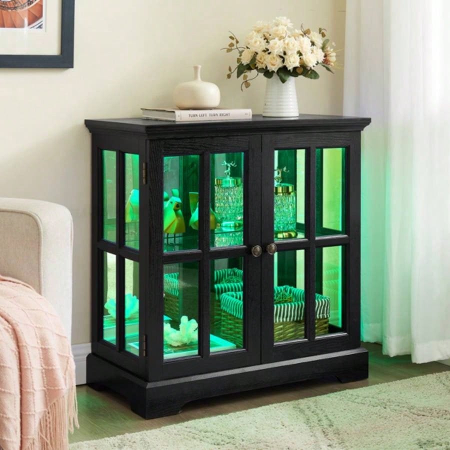 LED Curio Display Cabinet, Antique Display Cabinet with Adjustable Shelves, Retro Design Quality Showcase with Lattice Doors Elegant Bookcase and Storage Cabinet Home Decor and Organization BLK