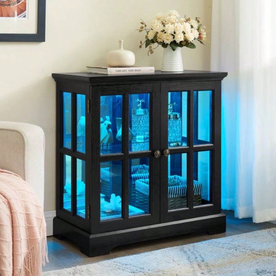 LED Curio Display Cabinet, Antique Display Cabinet with Adjustable Shelves, Retro Design Quality Showcase with Lattice Doors Elegant Bookcase and Storage Cabinet Home Decor and Organization BLK