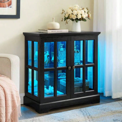 LED Curio Display Cabinet, Antique Display Cabinet with Adjustable Shelves, Retro Design Quality Showcase with Lattice Doors Elegant Bookcase and Storage Cabinet Home Decor and Organization BLK