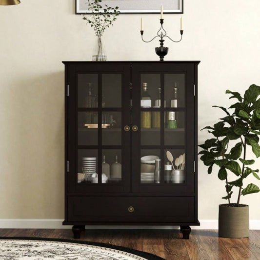 Minimalist Black Buffet Cabinet with Double Glass Doors and Drawer, Modern Wooden Storage Sideboard Cupboard Living room, Dining Room Hallway EntrywayBlack