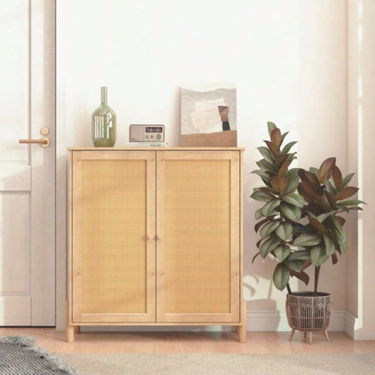 Mid - Modern Storage Cabinet with Woven Rattan Doors Adjustable Shelves - Living Room Dining Room